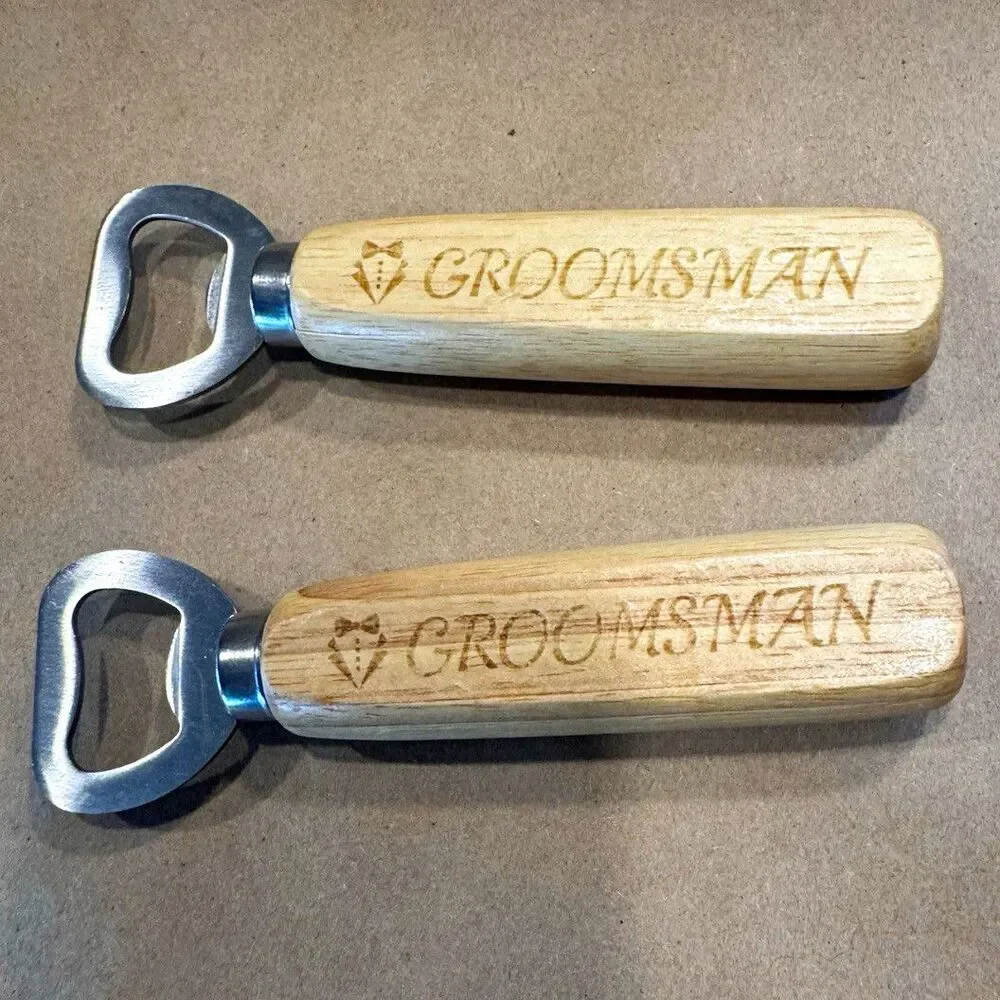 Set of 2 Wooden Handle Bottle Openers Engraved “GROOMSMAN”